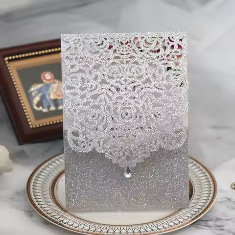 10Pcs Glitter Paper Wedding Invitations Cards Diamond Bridal Shower Engagement Sweet Birthday Gift G