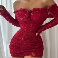 Off-Shoulder Lace Hollow-Out Dress - 2-Piece Lingerie Set