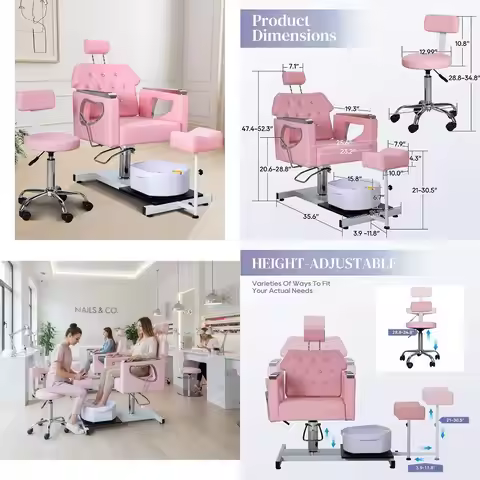 Pedicure Chair No Plumbing, 360 Swivel Hydraulic Adjustable Reclining Station with Massage Foot Bath