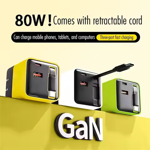 80W GaN USB C Fast Charger Retractable Cable Phone Charger Adapter For iPhone Samsung Xiaomi Huawei