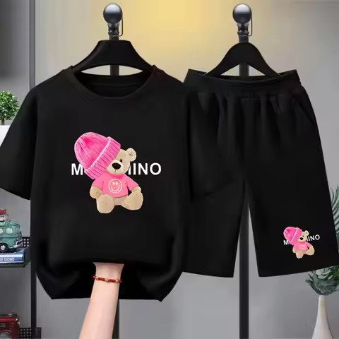 Summer Boy Girls Casual TShirt Sets Little Bear Printed Kids Outfits Teen Children's O Neck Short Sl