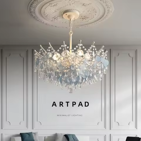 French K9 Crystal Chandelier Luxury Vintage Blue/White Natural Shell Pendant Light for Romantic Vill