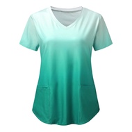 Generic Ombre Stretch Blouse Tops - Womens Gradient Print V Neck Nurse Uniform Short Sleeve Loose Fi