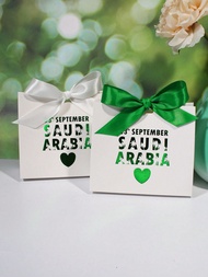 5pcs White Gift Box With Green Heart & 23rd September Saudi Arabia Lettering - Ribbon Bow Treat Box 