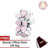 BAMOER Silver 925 Pink Enamel Flower Charm for Women Original Bracelet Bangle 925 Sterling Silver DIY Jewelry Beads SCC1484
