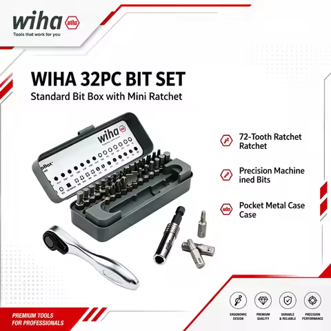 Wiha 74984 GoBox 32-Piece Bit Set With Mini Ratchet Screwdriver And Magnetic Bits, Portable Repair H
