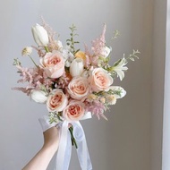 【鮮花】杏粉色玫瑰鬱金香自然風鮮花捧花
