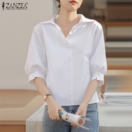ZANZEA เสื้อผู้หญิงสไตล์เกาหลี,เสื้อปกสีทึบแขนพองลำลองเสื้อเชิ๊ต #10