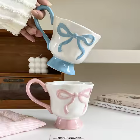 1Pc350Ml Original Design Embossed Bow Mug, Simple Morandi Color Tall Coffee Cup, Hand Pinched Patter