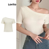 LVT-123 Lovito Casual Plain Cold Shoulder T-Shirt for Women L99ED657 简约露肩弹性紧身上衣