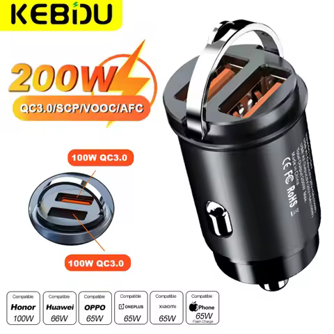 Mini Car Charger Quick Charge 4.0 QC4.0 QC3.0 QC SCP 5A PD Type C 200W Fast USB Car Phone Charge For