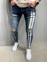 HOPEU Skinny Ripped Jeans Decoration Geometric Stripes Letter Pattern Slim Fit Men Jeans Pants New S