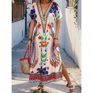 [Ready Stock Fast Shipping] Elegant New Style Peacock Print Dress Short-Sleeved V-Neck Narrow-Waiste