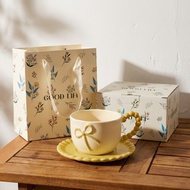 Ceramic Cup with Bow Tie and Plate Meaningful birthday gift for friends - Lovely Pastel Colored Cera