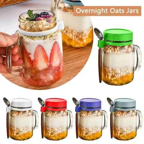 450ml Overnight Oats Jars Leakproof Yogurt Pot Milk Cup Spoons & Handle Airtight Glass Fruit Breakfa