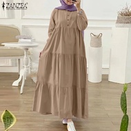ZANZEA ชุดเดรสมุสลิมแบบมีชั้นสำหรับผู้หญิงชุดเดรสแขนยาวหรูหราชุดเดรสทรงเอแม็กซี่สีทึบ