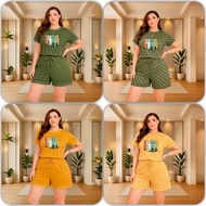 "Plus Size Cotton Spandex Terno Shirt Short with Pockets" Batwing Sleeve Polka Dots Set
