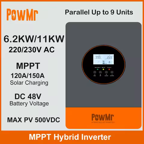 PowMr Hybrid Solar Inverters 6.2KW 11KW 48V DC to 230V AC Wtih 120A 150A MPPT Solar Charge Parallel