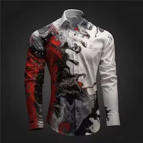 3D printed ink wash, high-quality and comfortable men's boutique fashion long-sleeved shirt, trendy 