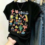 [95% Cotton 5% Spandex] Lightweight Shoulder Detail Print T-Shirt
