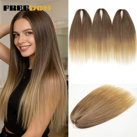 FREEDOM Synthetic Yaki Fluffy Straight Crochet Hair 24 inch 210g Crochet Braids Hair Ombre Brown Whi