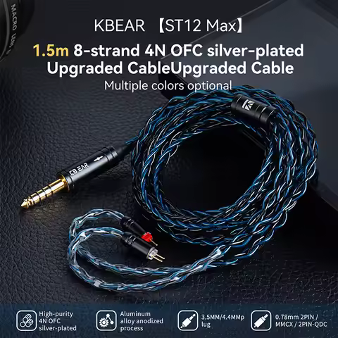 KBEAR ST12 Max iem cable 1.5m 8core OFC silver-plated Wired Earphone Cable 2PIN/QDC/MMCX Earbud Conn