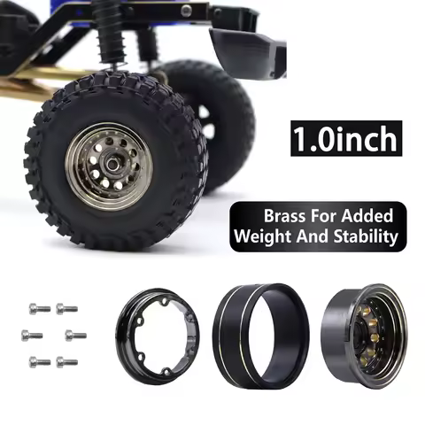 NIUWSRC Black Brass 1.0" Beadlock Wheel Rims -2.65mm With Tire For 1/24 1/18 RC Crawler Car TRX4M SC