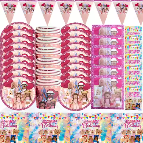 Pink Roblox Birthday Party Decorations backdrop Game Celebration Party Balloons Disposable Tableware