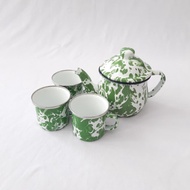 Set Teko Jadul Antik / Teko dan 3 pcs Gelas Mug Cangkir Cebol Enamel Motif lurik blirik