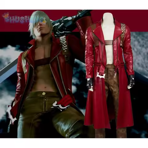 Game DMC 3 Dante Cosplay Costume Coat, gloves, waist bag, belt, Halloween party night red leather su