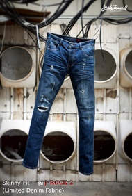 กางเกงยีนส์ผู้ชาย ทรงขาเดฟ Jack Russel Handwerk J-ROCK/2 Skinny Fit Midnight Blue Rust Faded