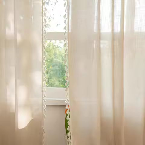 Boho Sheer Curtains 1 Panels 63 inches Length for Kitchen, Vintage Bohemian Linen Textured French Co