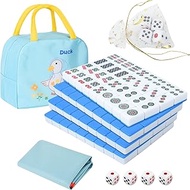 TWBTC Chinese Mini Blue Mahjong Sets, 144 Melamine Tiles 1.02"(26mm) with Portable Travel Handbag, Dices, TableCover, Wind Indicator, Complete Mahjong Game Set