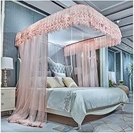 Summer lace edge bed canopy mosquito net, romantic bed curtain suitable for single and double beds, with U-shaped support (Color : Pink-2, Size : 200X220CM)
