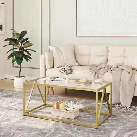 Glass Coffee Table, Gold Coffee Tables for Living Room, Gold Glass Coffee Table,1 Layer Center Table