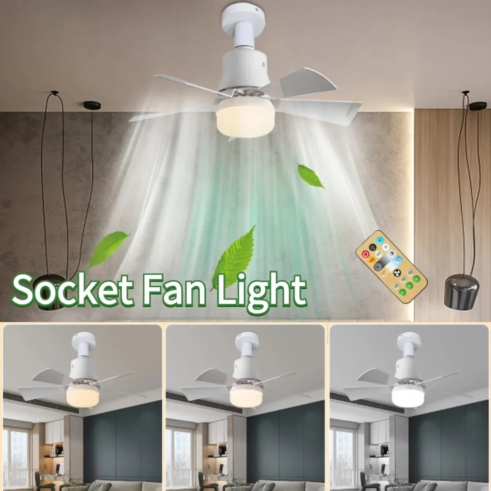 Socket Fan Light E27 Base Wireless Remote Control LED Bulb Ceiling Fan Dimmable Quiet Fan with Lamp 