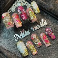 10pcs Square Nail Set,Pink&Silver Nail Art,Pink French Cat Eyes,3D Stereo Steel Ball&Butterfly&Flowe