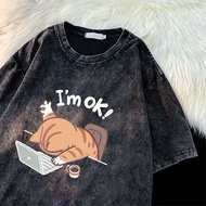 Dozing off at work Sleepy cat print women's crew neck fashion sense, Korean style short T-shirt casu