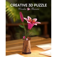 3D Flower Wooden Puzzles for Adults-Pink Lily, DIY Wooden Flowers Model Kit Building Set Crafts for 
