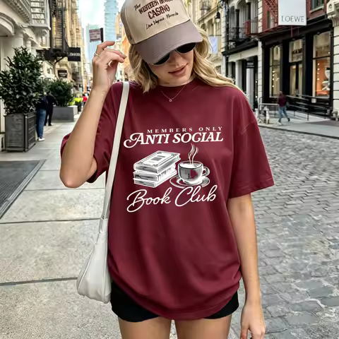 Women Cotton T-Shirt Members Only Anti Social Book Club Coffee & Stacked Books Graphic Introvert Boo