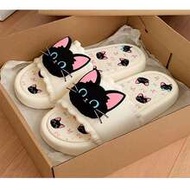 1 Pair Cute Cartoon Couple Sweet Cool Fun Black Cat Casual Soft Bottom Slide Sandals, Suitable For S