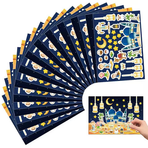 12Sheets Eid Mubarak DIY Stickers Kids Puzzle Game Toys Islam Muslim Party Supplies 2025 Ramadan Hom