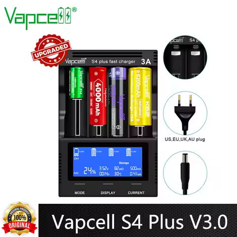 Original Vapcell S4 Plus V3.0 Upgrade Version Charger 4 Slot 12A Fast Battery Charger With NEW Stora