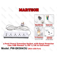 MARTECH PW-SK504/3U 4 GANG WAYS POWER STRIP EXTENSION SOCKET WITH SURGE PROTECTOR 2M UNIVERSAL USB-A
