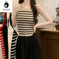 短款 無袖 上衣女韓版 ins 潮 新款 甜 辣妹上衣 条纹针织吊带背心女夏季2025年新款甜辣妹设计感气质短款无袖上衣 Striped Knitted Camisole Women Summer 2