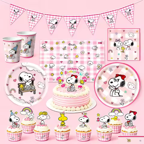 Birthday Party Tableware Snoopy Theme Paper Cups Plates Balloons Banner Tablecloth Napkins Cake Topp