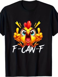 Men's Funny F-Caw-F Angry Chicken T-Shirt - Black with White F-Caw-F Slogan & Red Rooster Print