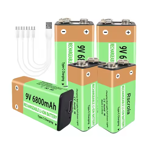 Durable Non-disposable 9V Battery Rechargeable 6800mAh 9V Li-Ion Battery with Type C Charge Cable,fo