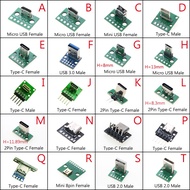 1PCS Data Charging Cable Jack Test Board with Pin Header 90 Degree Micro Mini USB Type C 2Pin USB 3.