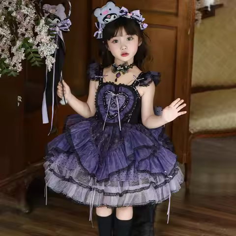 Anime Kuromi Girls Lolita Dress My Melody Kids Summer Ruffled Tutu Skirt Lace Party Princess Costume